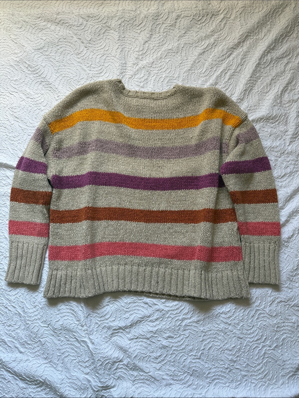 LOFT Neutral Crewneck Sweater with Mustard, Lavender & Pink Stripes - Picture 7 of 7